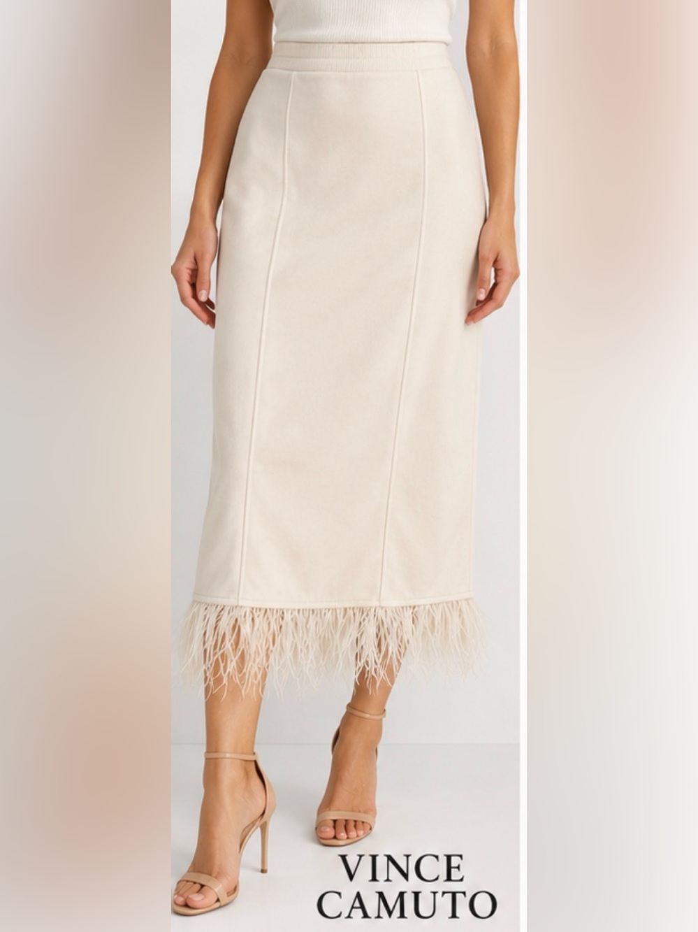 Vince Camuto Ivory Feather Trim Midi Skirt Stretch L NWT $99